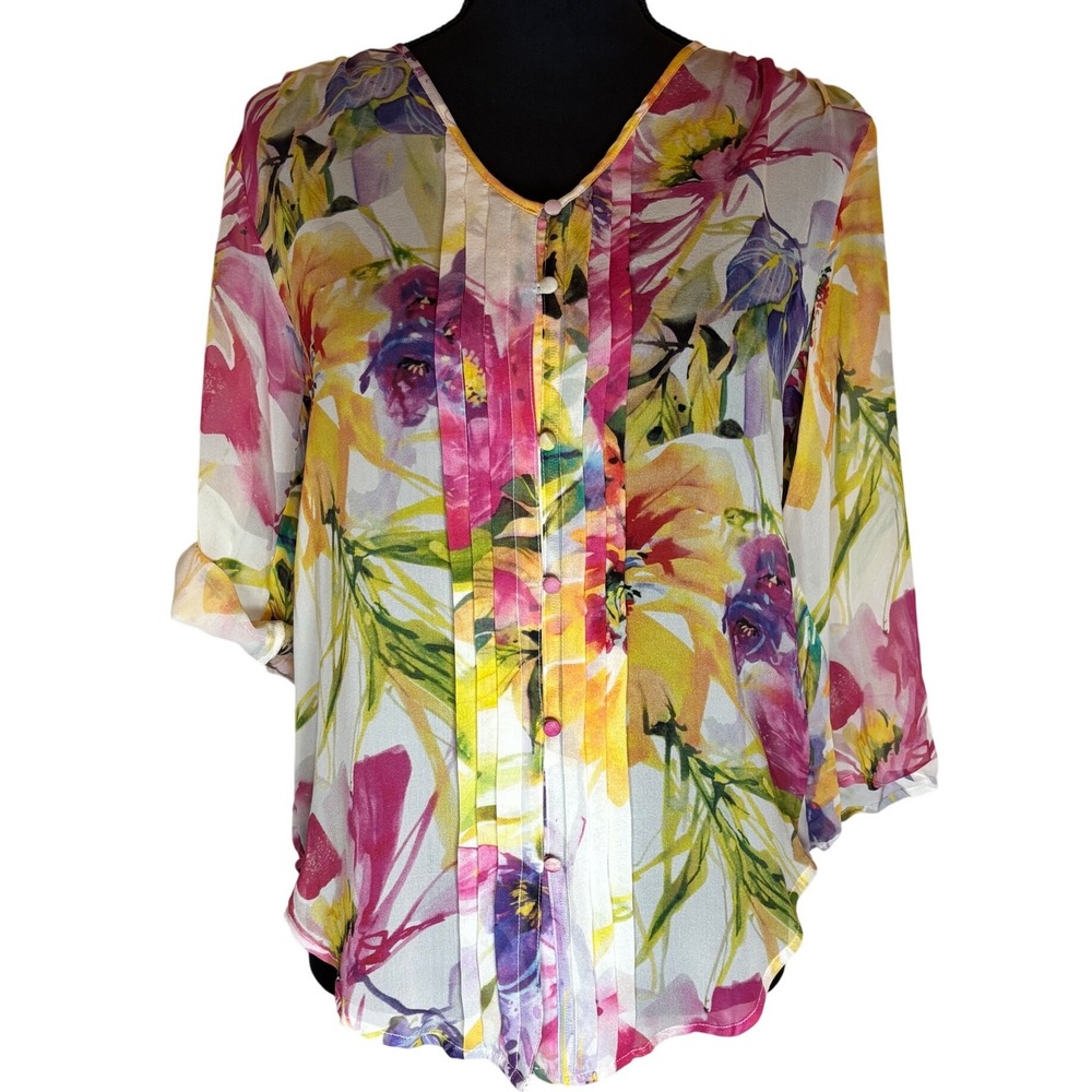 NWT Yumi Kim Silk Floral Blouse Womens XS Multicolor Pleated V-Neck Roll-Tab